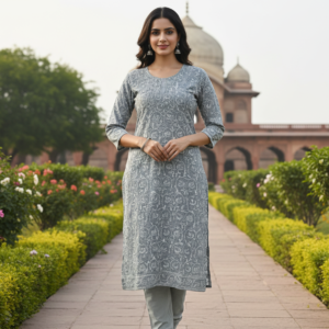 Graceful Grey Printed Kurti – Classic & Contemporary