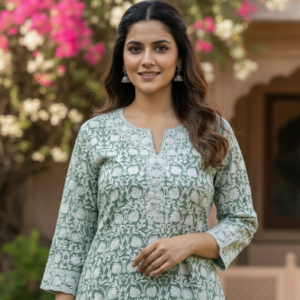 Elegant Sage Green Printed Kurti – Timeless Ethnic Grace